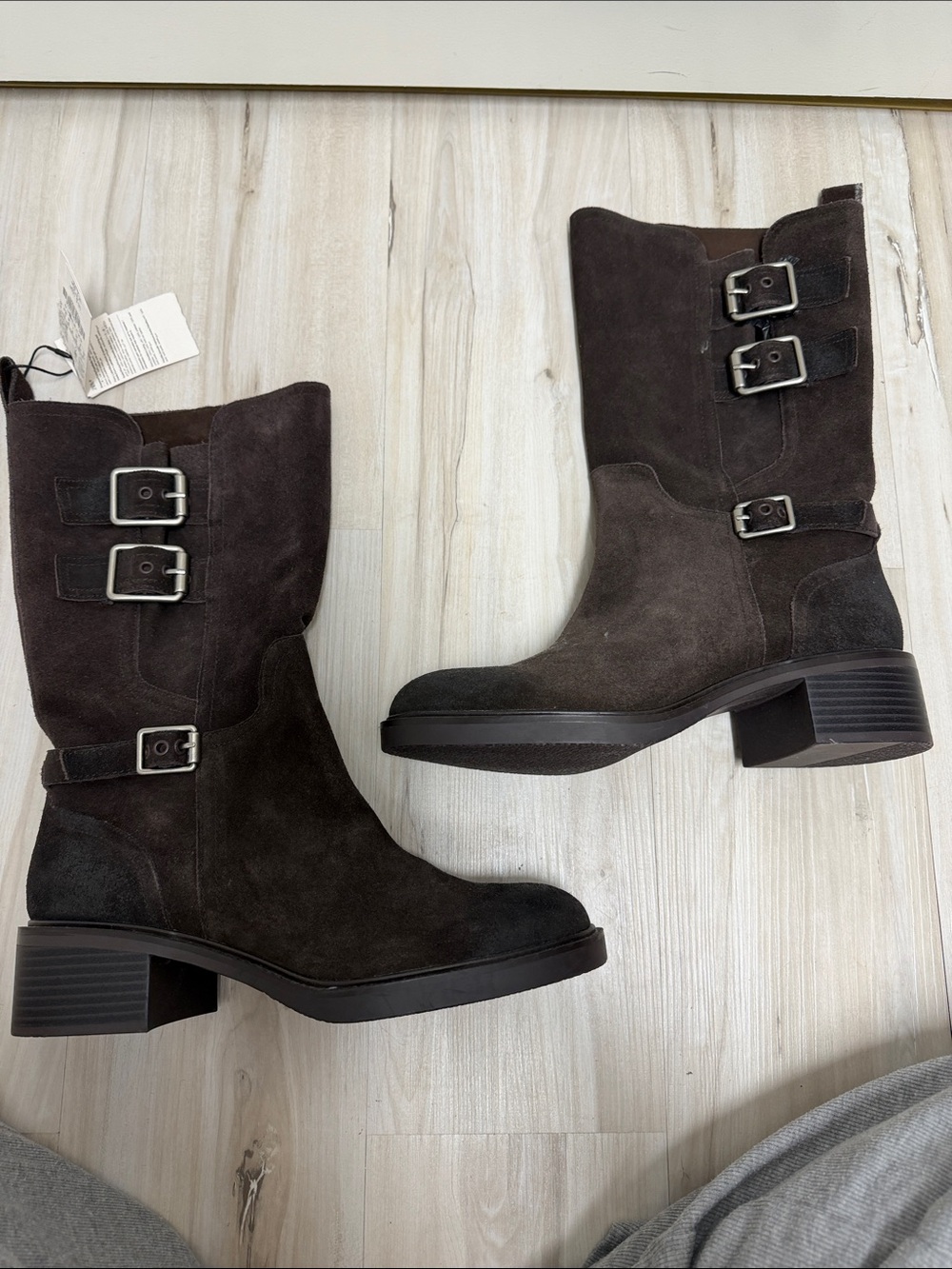 Zara Women's Dark Brown Suede Buckle Mid-Calf Boots